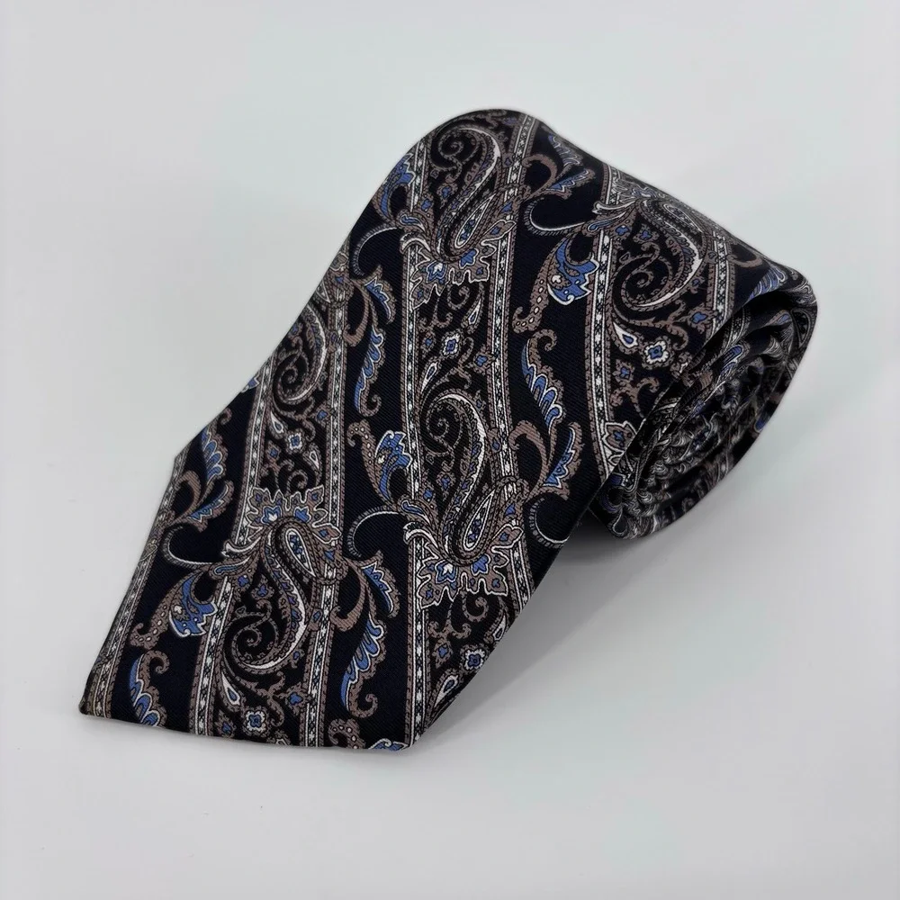 Christian Dior Vintage Silk Paisley Stripe Necktie Men OS Blue Tan Italy USA